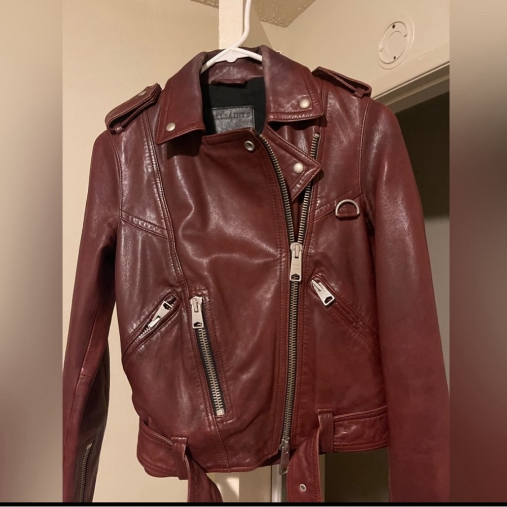 All Saints Women’s Biker Leather Jacket Deep Wine Red Size US 0